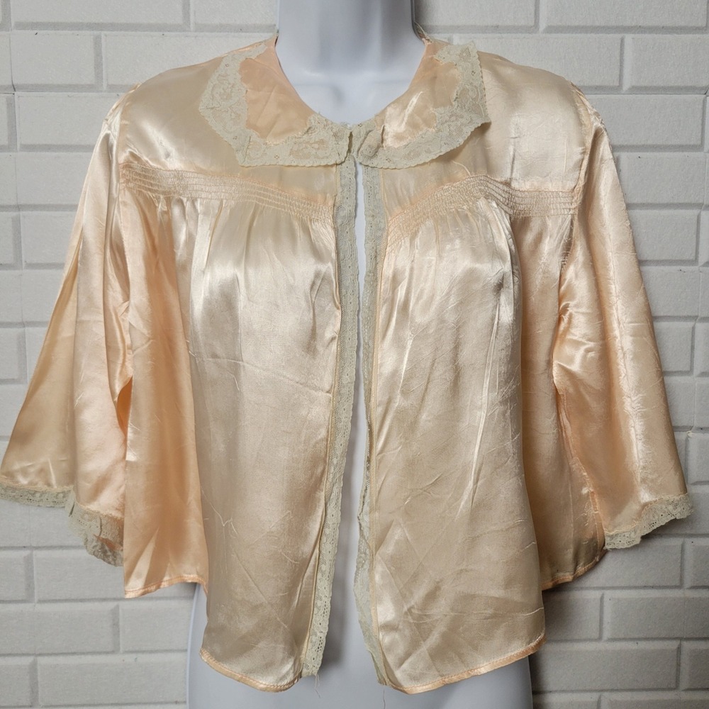 Vintage 1950s Nanette Bed Jacket Large Peach Satin Coquette Feminine Layering